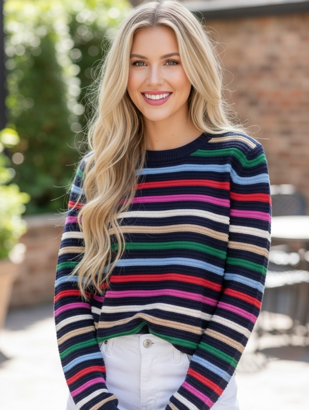 Loft Multicolor Striped Textured Stitch Sweater 100% Cotton